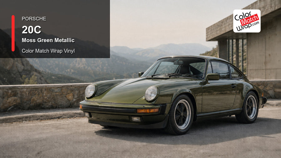 Generated Porsche 911 G-model presentation in Porsche 20C Moss Green Metallic for paint-code vinyl repair and restoration