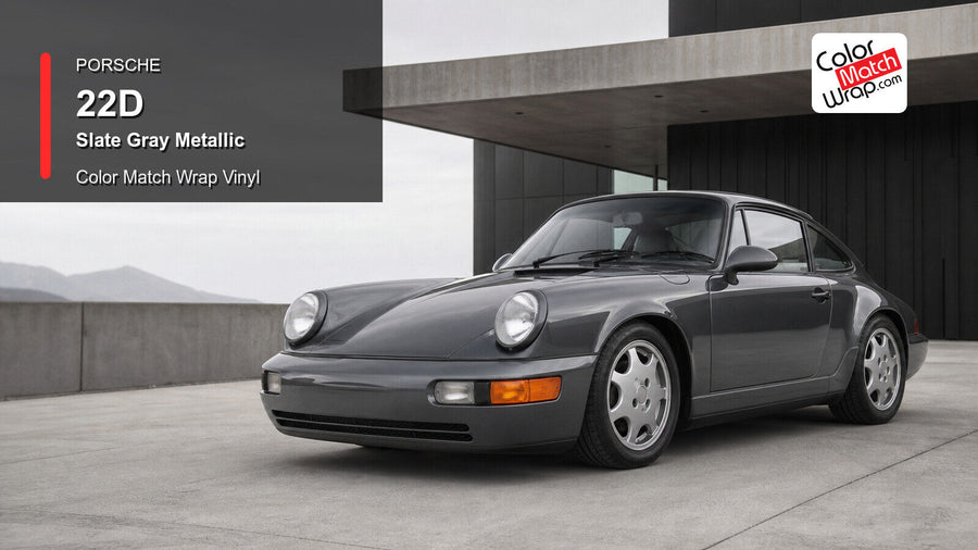 Generated Porsche 911 Type 964 presentation in Porsche 22D Slate Gray Metallic for paint-code vinyl repair and restoration