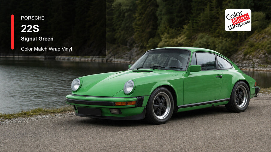 Generated Porsche 911 G-model presentation in Porsche 22S Signal Green for paint-code vinyl repair and restoration
