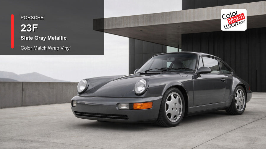 Generated Porsche 911 Type 964 presentation in Porsche 23F Slate Gray Metallic for paint-code vinyl repair and restoration