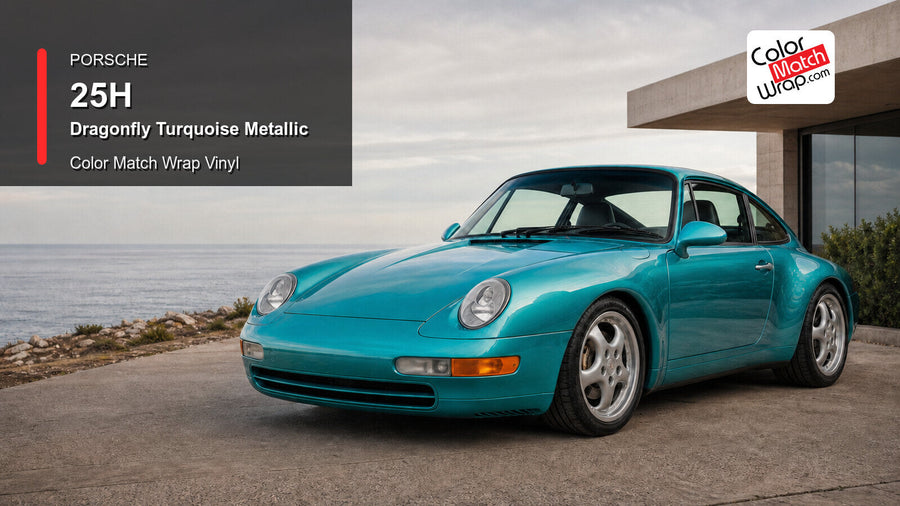 Generated Porsche 911 Type 993 presentation in Porsche 25H Dragonfly Turquoise Metallic for paint-code vinyl repair and restoration