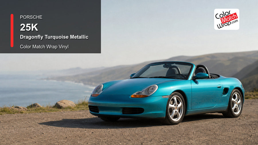 Generated Porsche Boxster Type 986 presentation in Porsche 25K Dragonfly Turquoise Metallic for paint-code vinyl repair and restoration