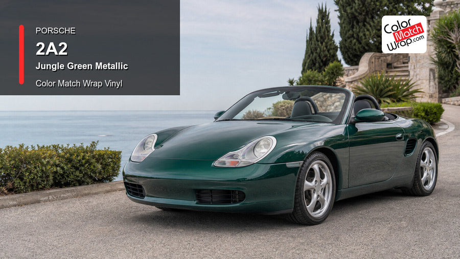 Generated Porsche Boxster Type 986 presentation in Porsche 2A2 Jungle Green Metallic for paint-code vinyl repair and restoration