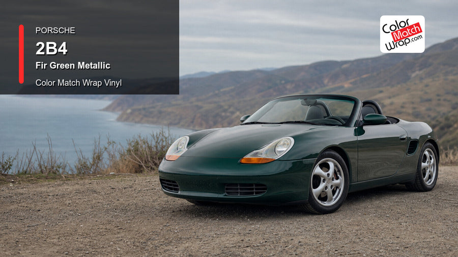 Generated Porsche Boxster Type 986 presentation in Porsche 2B4 Fir Green Metallic for paint-code vinyl repair and restoration