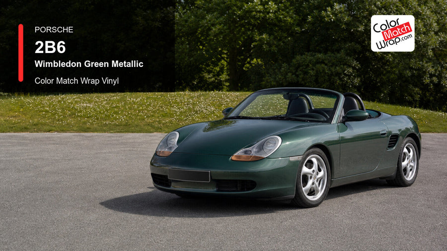 Generated Porsche Boxster Type 986 presentation in Porsche 2B6 Wimbledon Green Metallic for paint-code vinyl repair and restoration