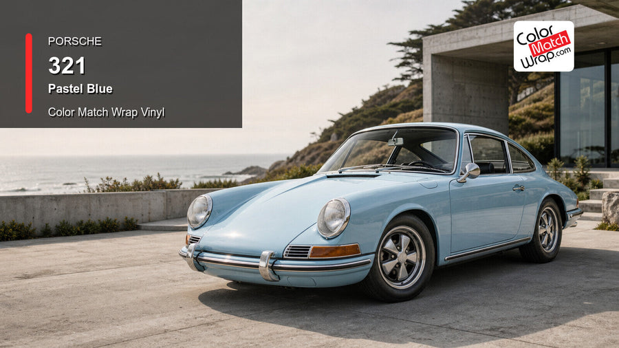 Generated Porsche 911 F-model presentation in Porsche 321 Pastel Blue for paint-code vinyl repair and restoration