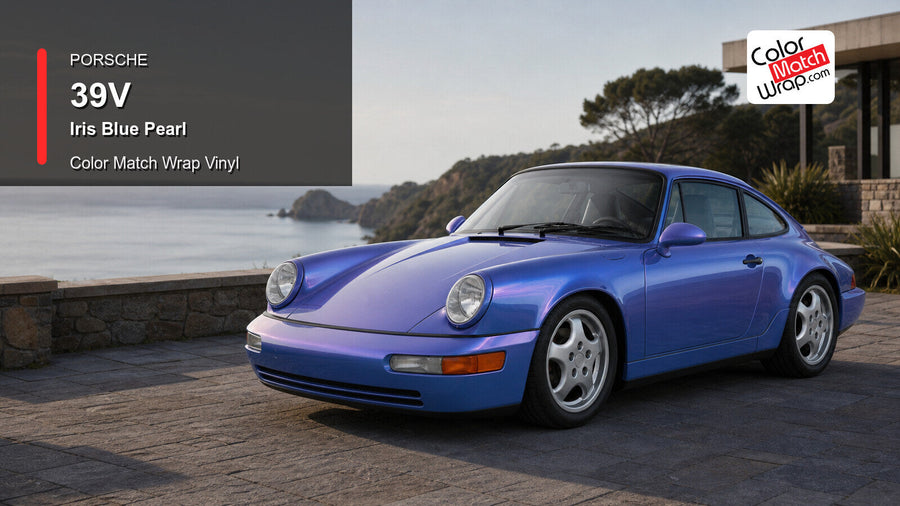 Generated Porsche 911 Type 964 presentation in Porsche 39V Iris Blue Pearl for paint-code vinyl repair and restoration