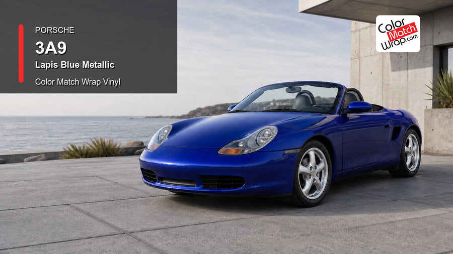 Generated Porsche Boxster Type 986 presentation in Porsche 3A9 Lapis Blue Metallic for paint-code vinyl repair and restoration