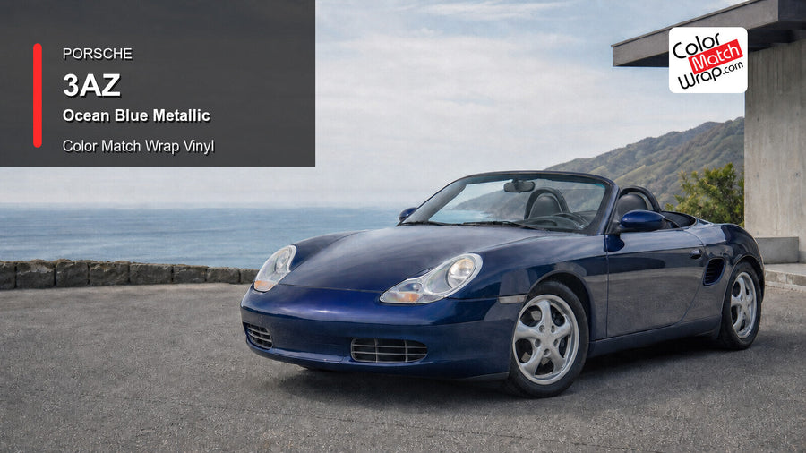 Generated Porsche Boxster Type 986 presentation in Porsche 3AZ Ocean Blue Metallic for paint-code vinyl repair and restoration