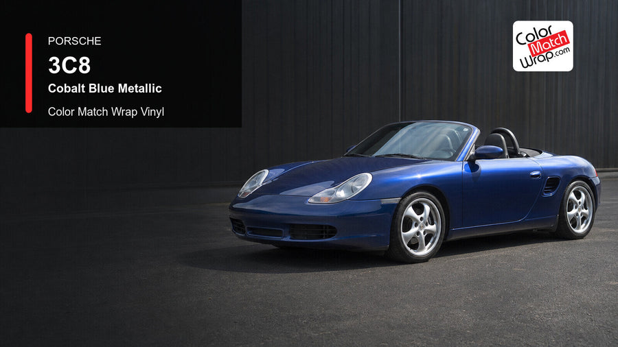 Generated Porsche Boxster Type 986 presentation in Porsche 3C8 Cobalt Blue Metallic for paint-code vinyl repair and restoration