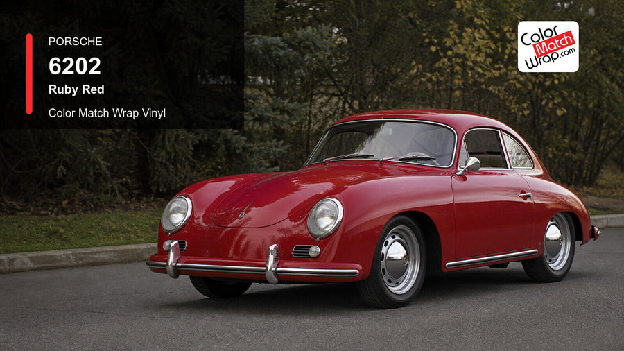 Generated Porsche 356 presentation in Porsche 6202 Ruby Red for paint-code vinyl repair and restoration