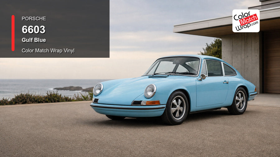 Generated Porsche 911 F-model presentation in Porsche 6603 Gulf Blue for paint-code vinyl repair and restoration