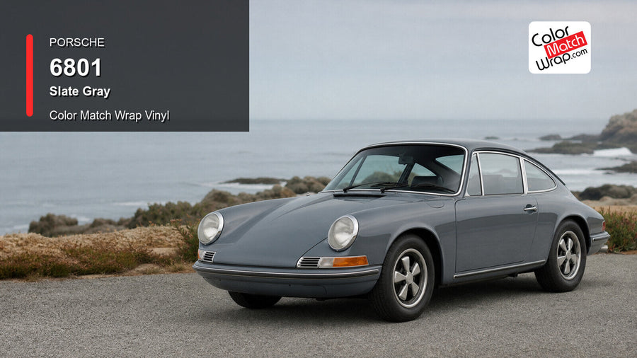 Generated Porsche 911 F-model presentation in Porsche 6801 Slate Gray for paint-code vinyl repair and restoration