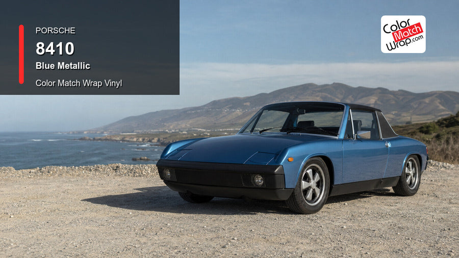 Generated Porsche 914 presentation in Porsche 8410 Blue Metallic for paint-code vinyl repair and restoration
