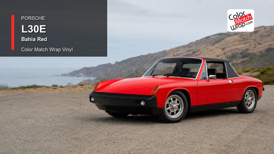 Generated Porsche 914 presentation in Porsche L30E Bahia Red for paint-code vinyl repair and restoration