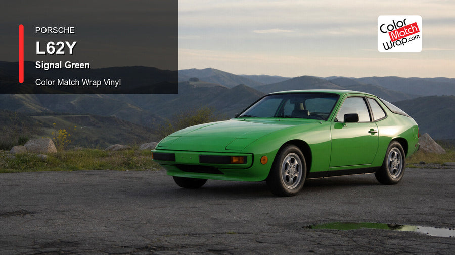 Generated Porsche 924 presentation in Porsche L62Y Signal Green for paint-code vinyl repair and restoration