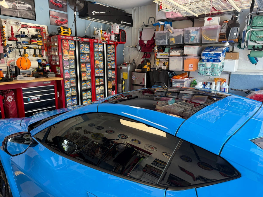 Mr. C.’s finished C8 Corvette transparent roof side-wrap project in Rapid Blue (GM WA632D) Color Match Wrap
