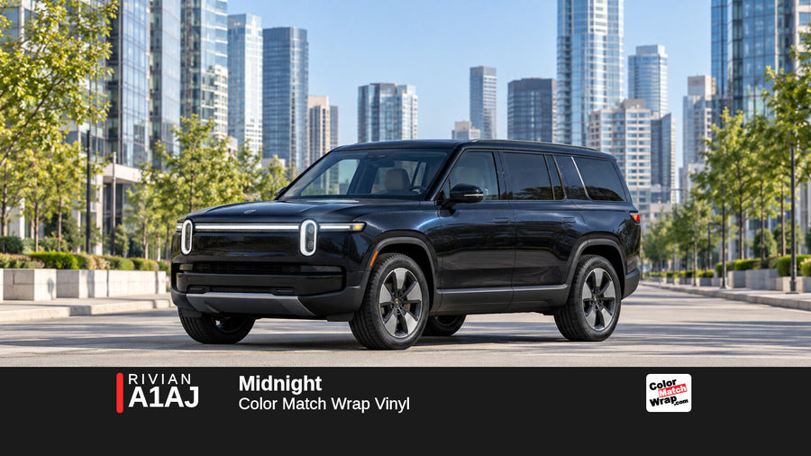 Illustrative R1S-inspired SUV in Rivian A1AJ Midnight with Color Match Wrap branding
