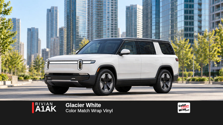 Illustrative R1S-inspired SUV in Rivian A1AK Glacier White with Color Match Wrap branding