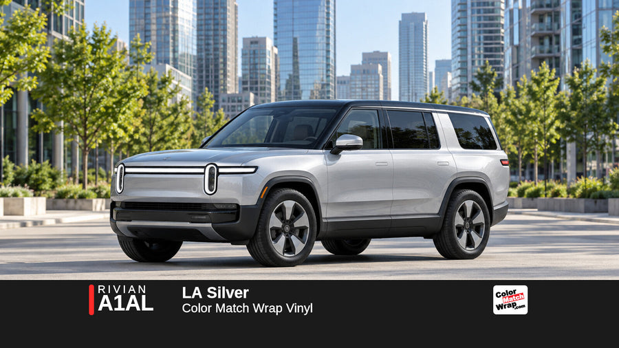 Illustrative R1S-inspired SUV in Rivian A1AL LA Silver with Color Match Wrap branding