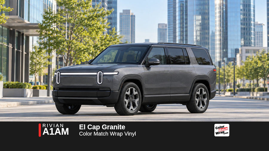 Illustrative R1S-inspired SUV in Rivian A1AM El Cap Granite with Color Match Wrap branding