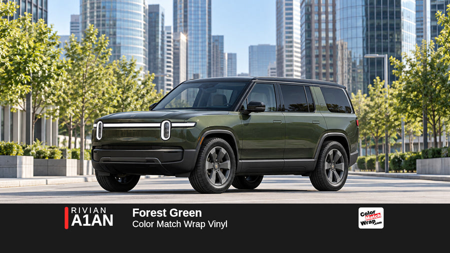 Illustrative R1S-inspired SUV in Rivian A1AN Forest Green with Color Match Wrap branding