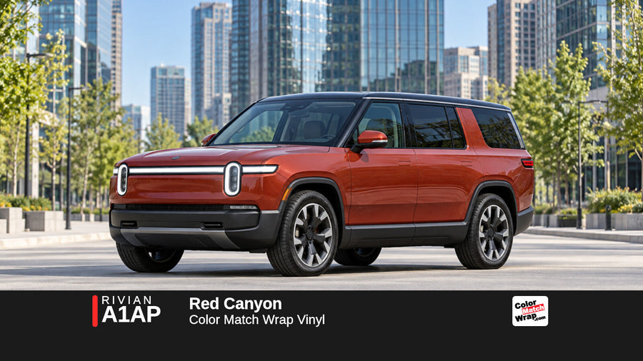 Illustrative R1S-inspired SUV in Rivian A1AP Red Canyon with Color Match Wrap branding