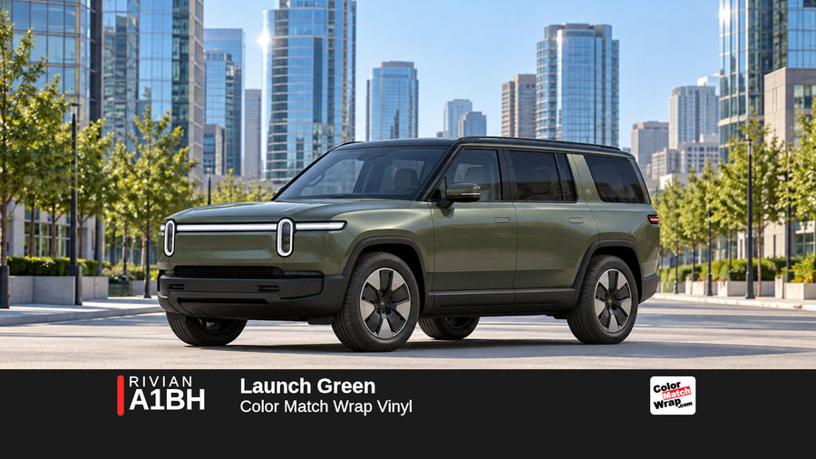 Illustrative R1S-inspired SUV in Rivian A1BH Launch Green with Color Match Wrap branding