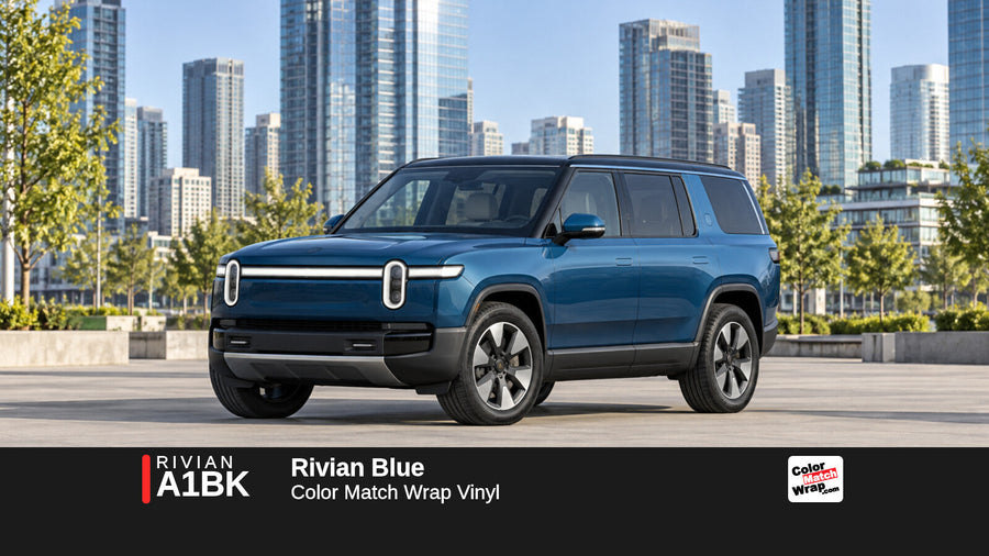 Illustrative R1S-inspired SUV in Rivian A1BK Rivian Blue with Color Match Wrap branding