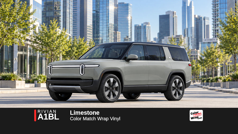 Illustrative R1S-inspired SUV in Rivian A1BL Limestone with Color Match Wrap branding