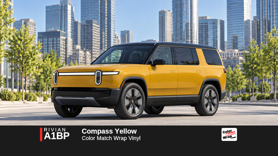 Illustrative R1S-inspired SUV in Rivian A1BP Compass Yellow with Color Match Wrap branding