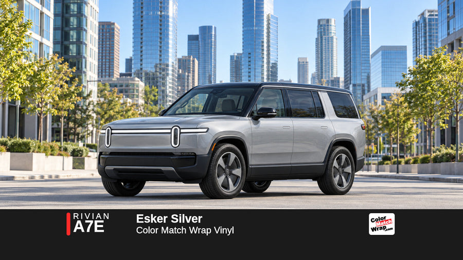 Illustrative R1S-inspired SUV in Rivian A7E Esker Silver with Color Match Wrap branding