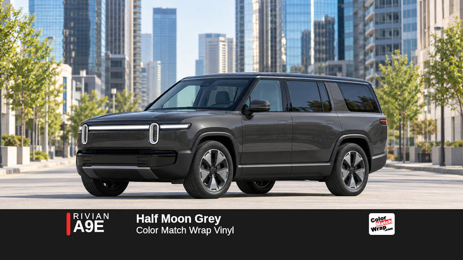 Illustrative R1S-inspired SUV in Rivian A9E Half Moon Grey with Color Match Wrap branding