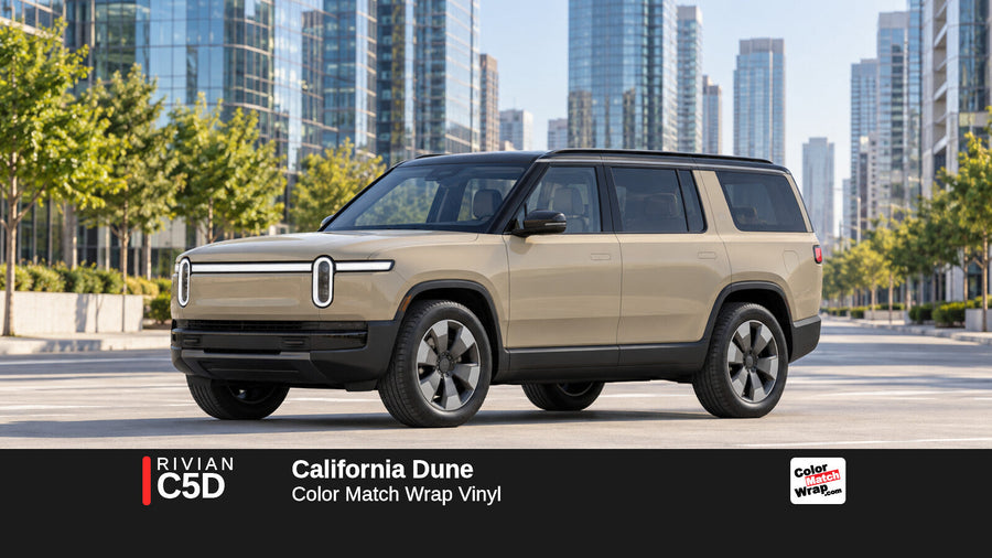 Illustrative R1S-inspired SUV in Rivian C5D California Dune with Color Match Wrap branding