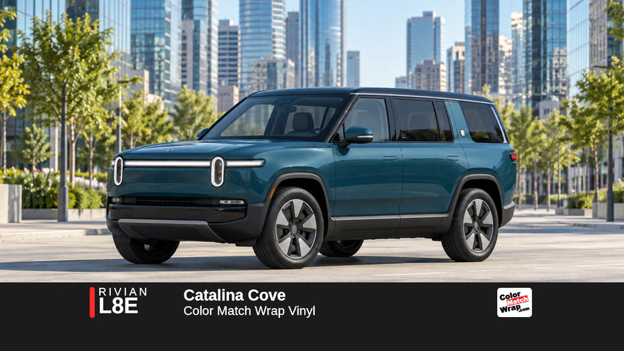 Illustrative R1S-inspired SUV in Rivian L8E Catalina Cove with Color Match Wrap branding