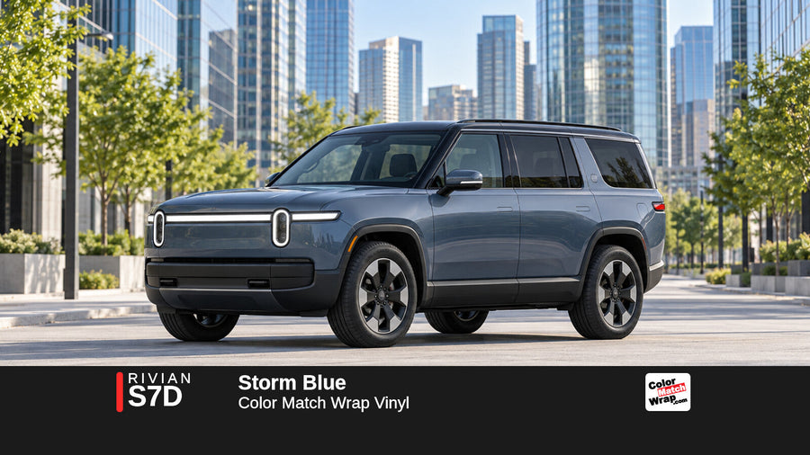 Illustrative R1S-inspired SUV in Rivian S7D Storm Blue with Color Match Wrap branding