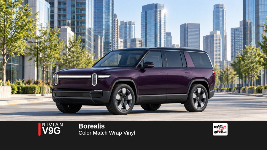Illustrative R1S-inspired SUV in Rivian V9G Borealis with Color Match Wrap branding