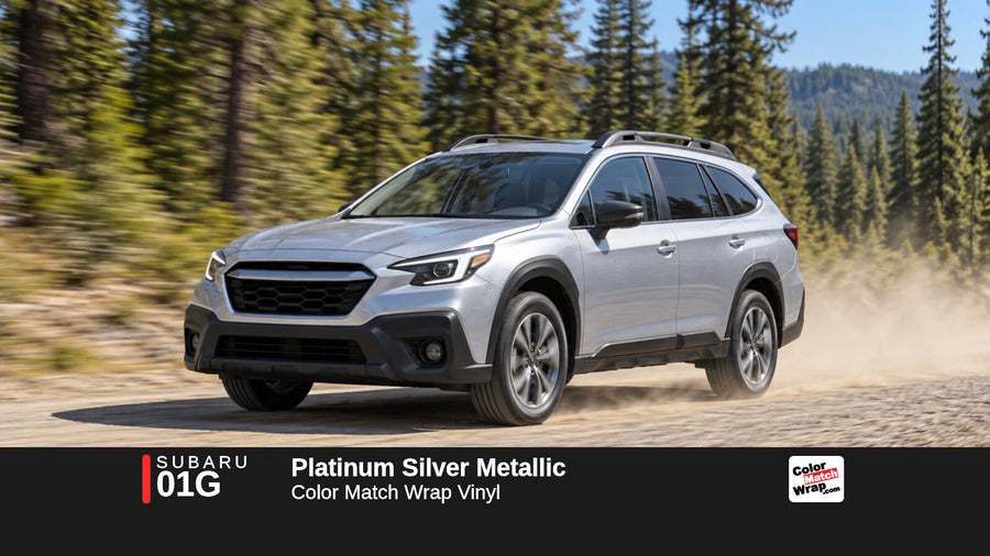 Illustrative Outback-inspired wagon in Subaru 01G Platinum Silver Metallic with Color Match Wrap branding