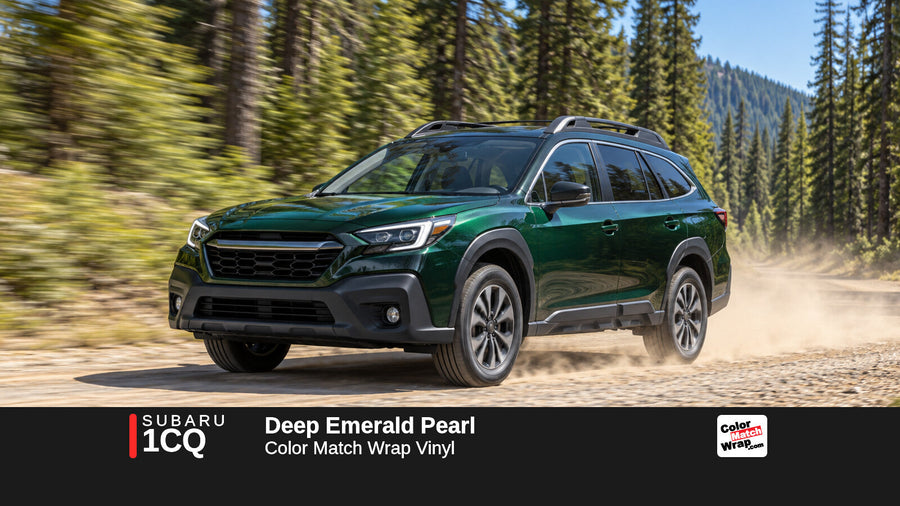 Illustrative Outback-inspired wagon in Subaru 1CQ Deep Emerald Pearl with Color Match Wrap branding