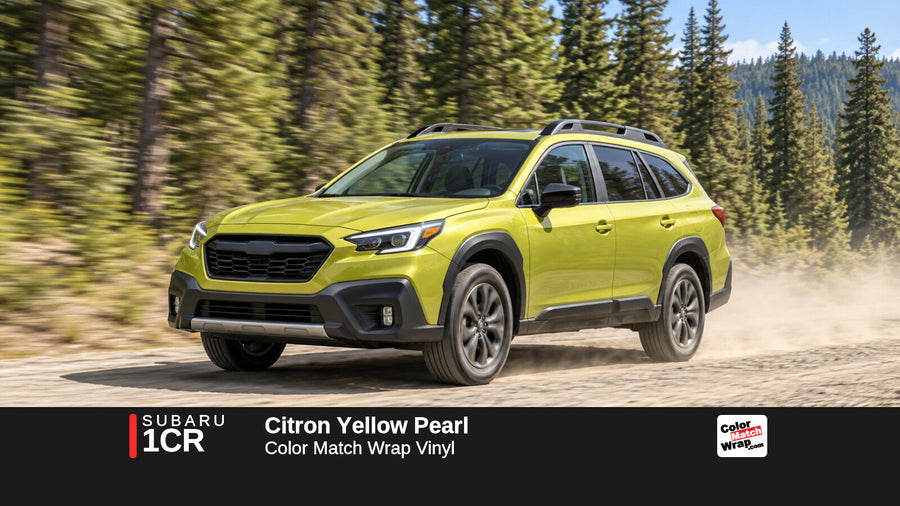 Illustrative Outback-inspired wagon in Subaru 1CR Citron Yellow Pearl with Color Match Wrap branding
