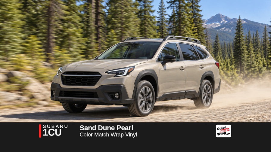 Illustrative Outback-inspired wagon in Subaru 1CU Sand Dune Pearl with Color Match Wrap branding