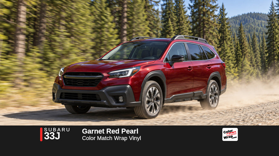 Illustrative Outback-inspired wagon in Subaru 33J Garnet Red Pearl with Color Match Wrap branding