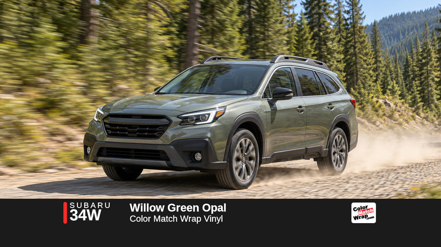 Illustrative Outback-inspired wagon in Subaru 34W Willow Green Opal with Color Match Wrap branding