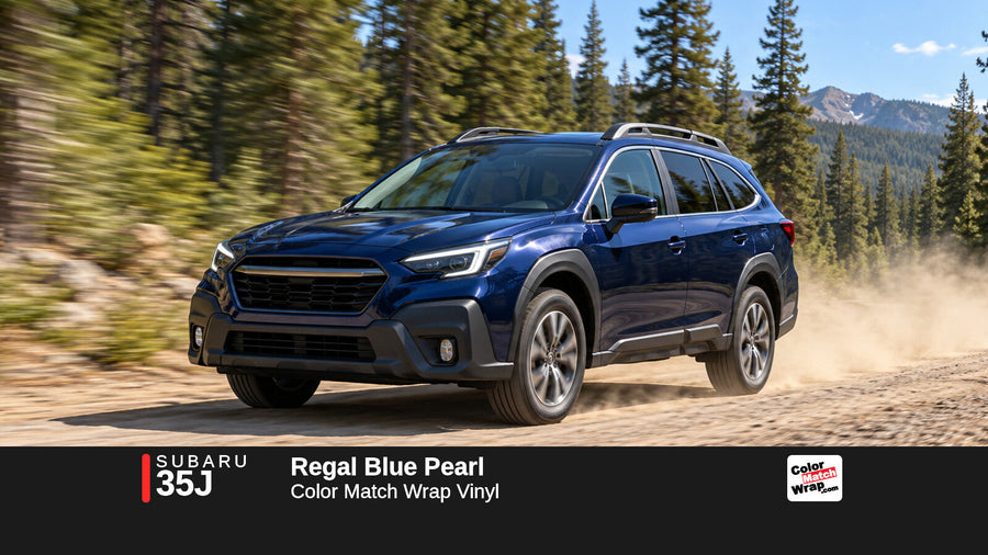 Illustrative Outback-inspired wagon in Subaru 35J Regal Blue Pearl with Color Match Wrap branding