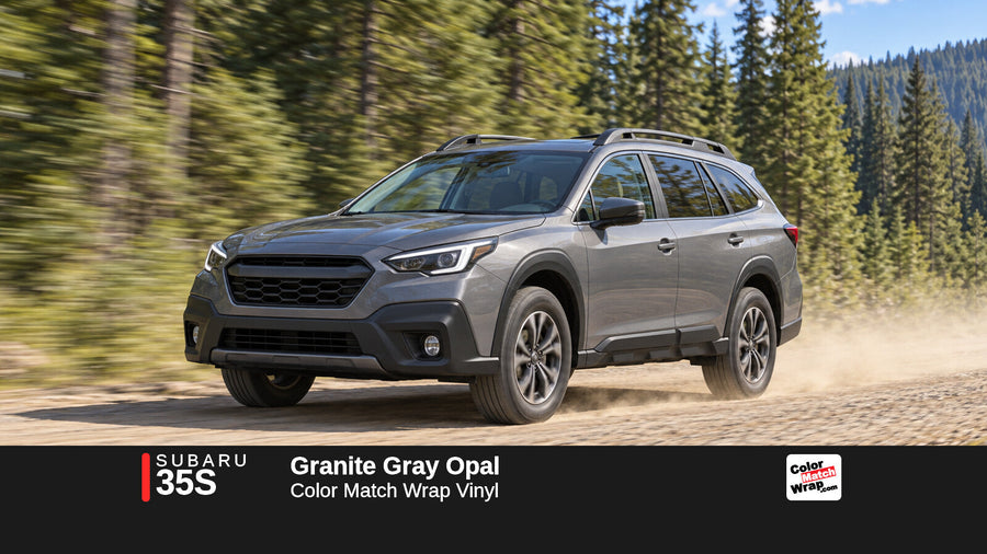 Illustrative Outback-inspired wagon in Subaru 35S Granite Gray Opal with Color Match Wrap branding