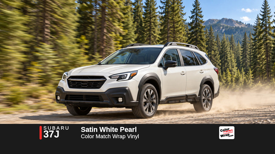 Illustrative Outback-inspired wagon in Subaru 37J Satin White Pearl with Color Match Wrap branding