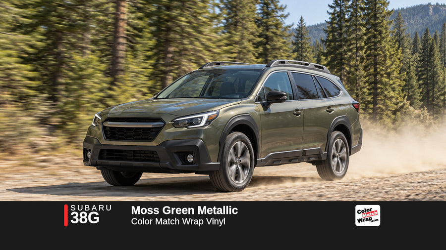 Illustrative Outback-inspired wagon in Subaru 38G Moss Green Metallic with Color Match Wrap branding