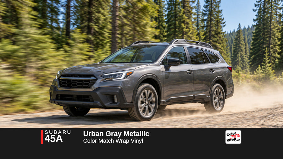 Illustrative Outback-inspired wagon in Subaru 45A Urban Gray Metallic with Color Match Wrap branding