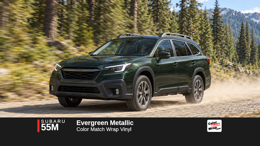 Illustrative Outback-inspired wagon in Subaru 55M Evergreen Metallic with Color Match Wrap branding
