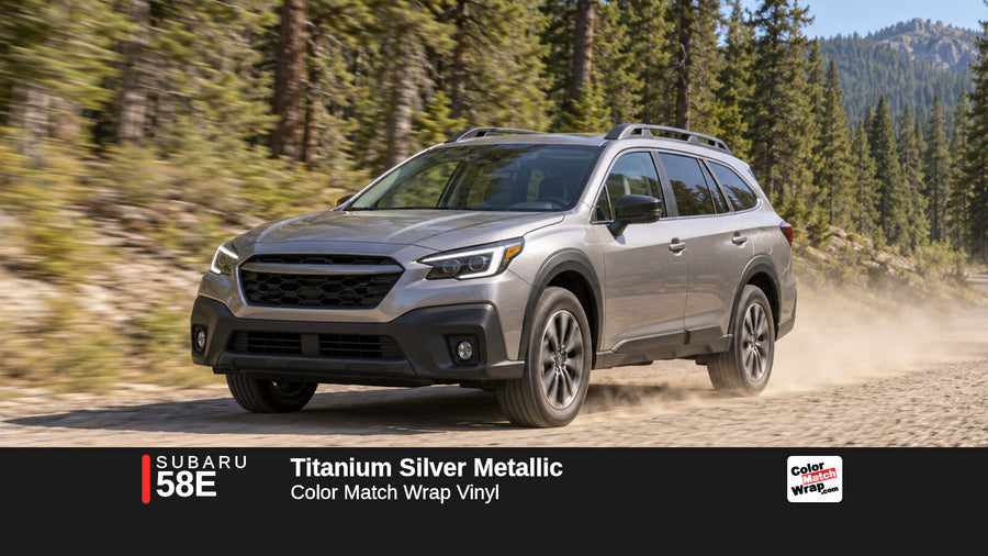 Illustrative Outback-inspired wagon in Subaru 58E Titanium Silver Metallic with Color Match Wrap branding